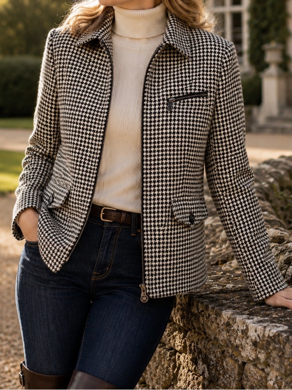 Lauren Ralph Lauren Jacket Women 6P Houndstooth Tweed Equestrian Horse Silk Wool